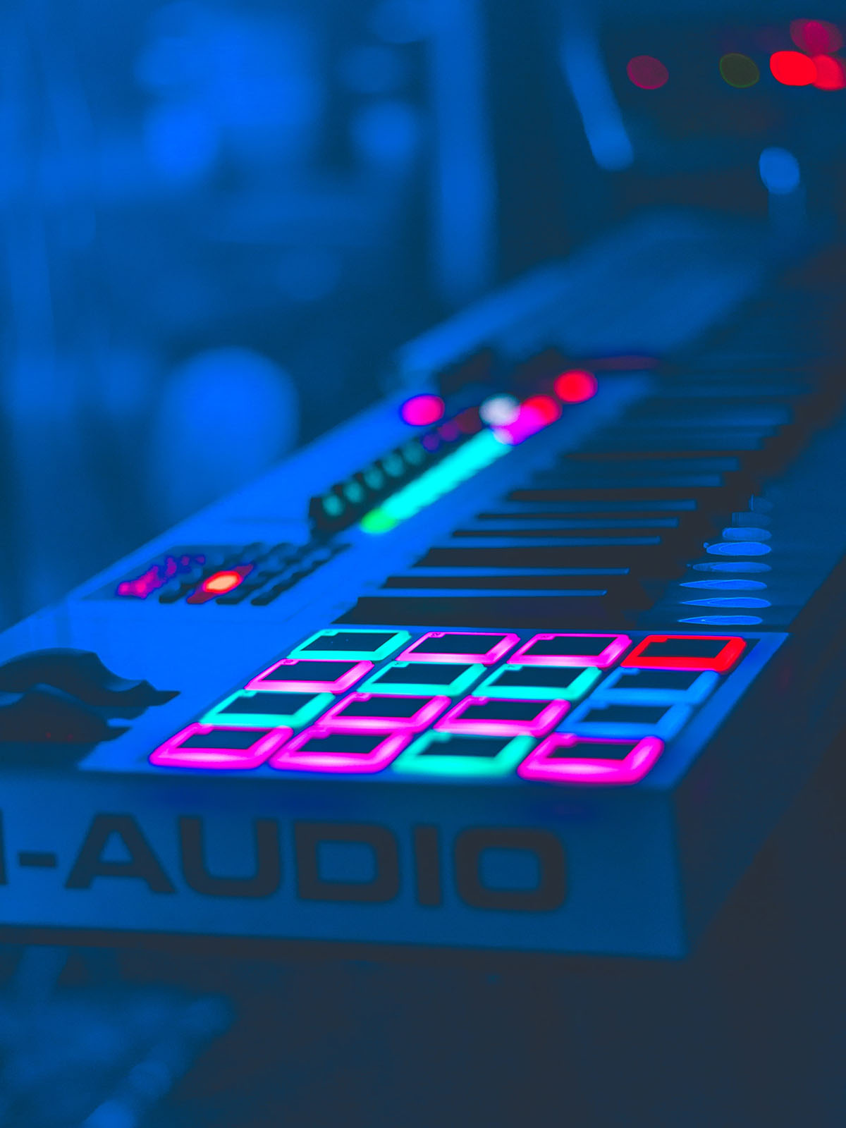 Illuminated square buttons on an electric keyboard