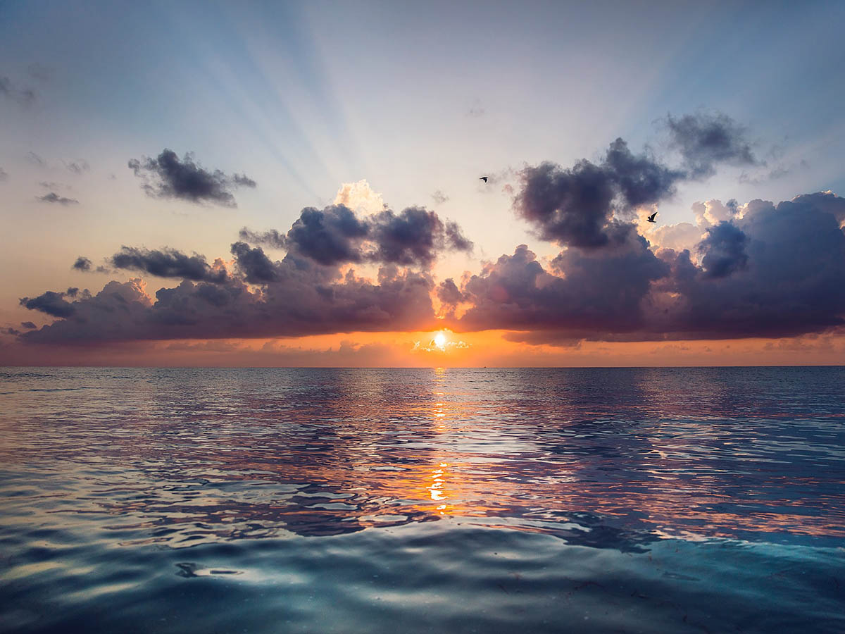 Golden sunset beneath purple clouds reflected in a calm sea