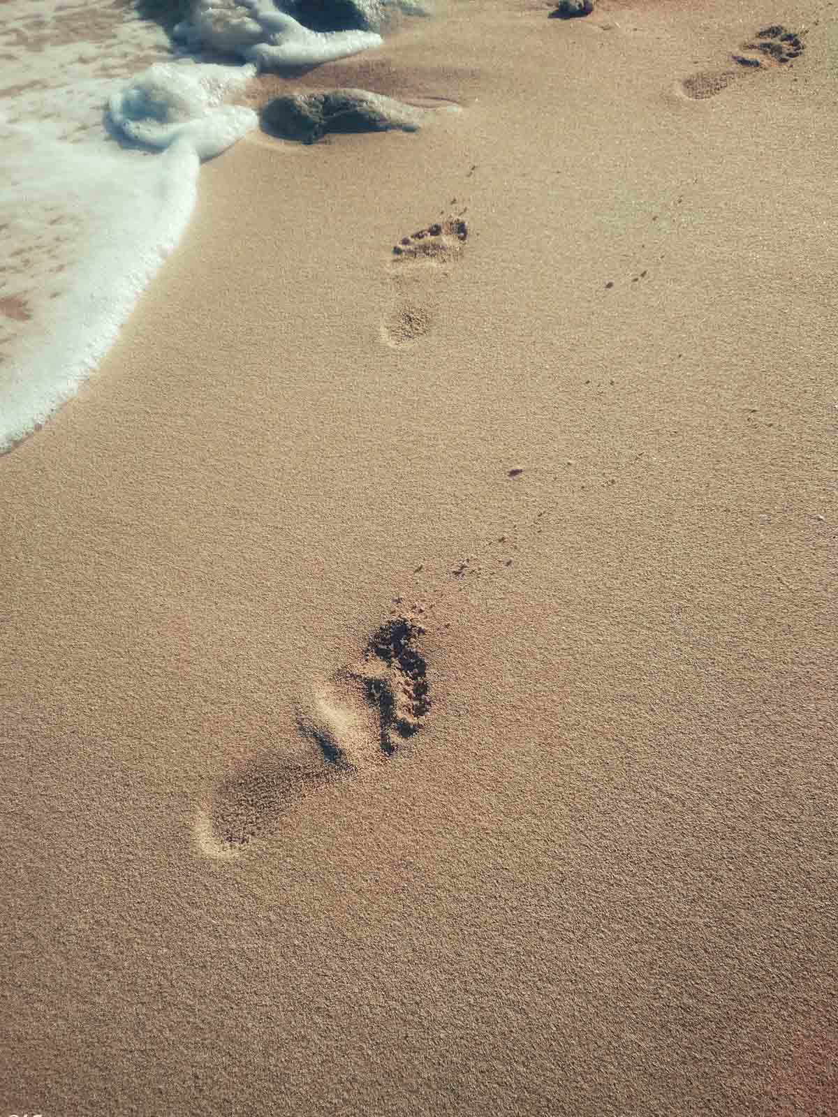 Bare footprints retreating into the distance across wet sand.