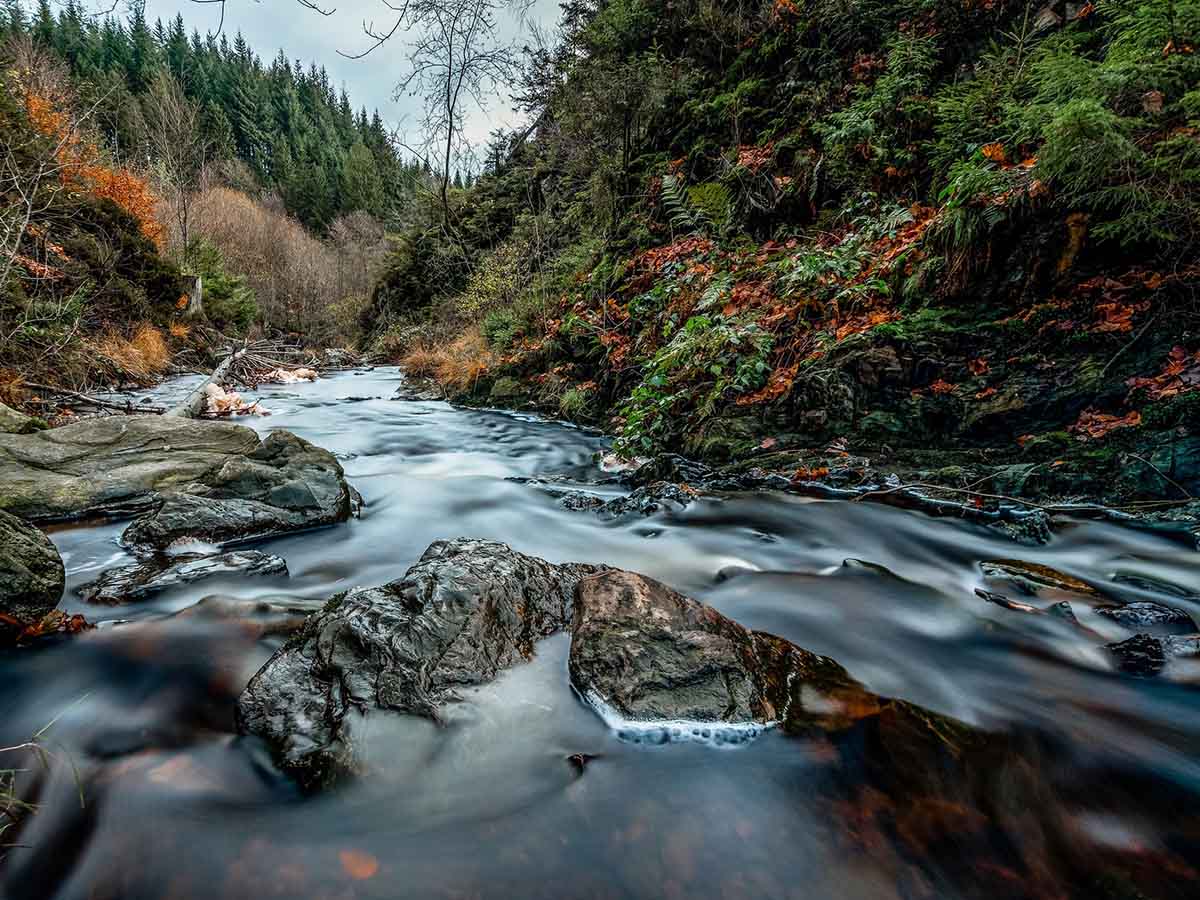 eye level with river rocks as water flows smoothly through a small gorge