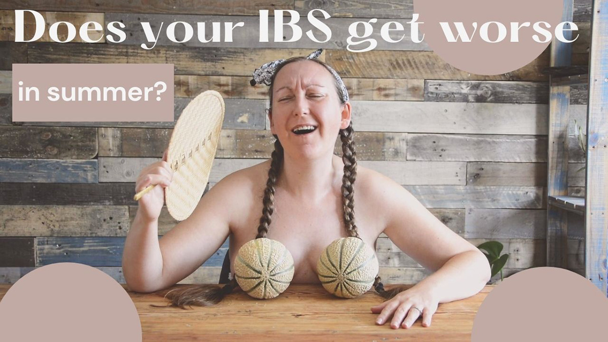The irritable vegan she/her appears naked behind two strategically placed melons. Cooling herself with a bamboo fan and making a pained facial expression.