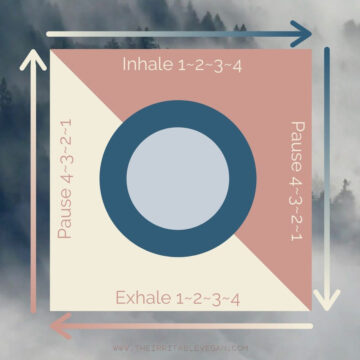 Box breathing visual instructions. Text reads inhale 1,2,3,4. Pause 4,3,2,1. Exhale 1,2,3,4. Pause 4,3,2,1.