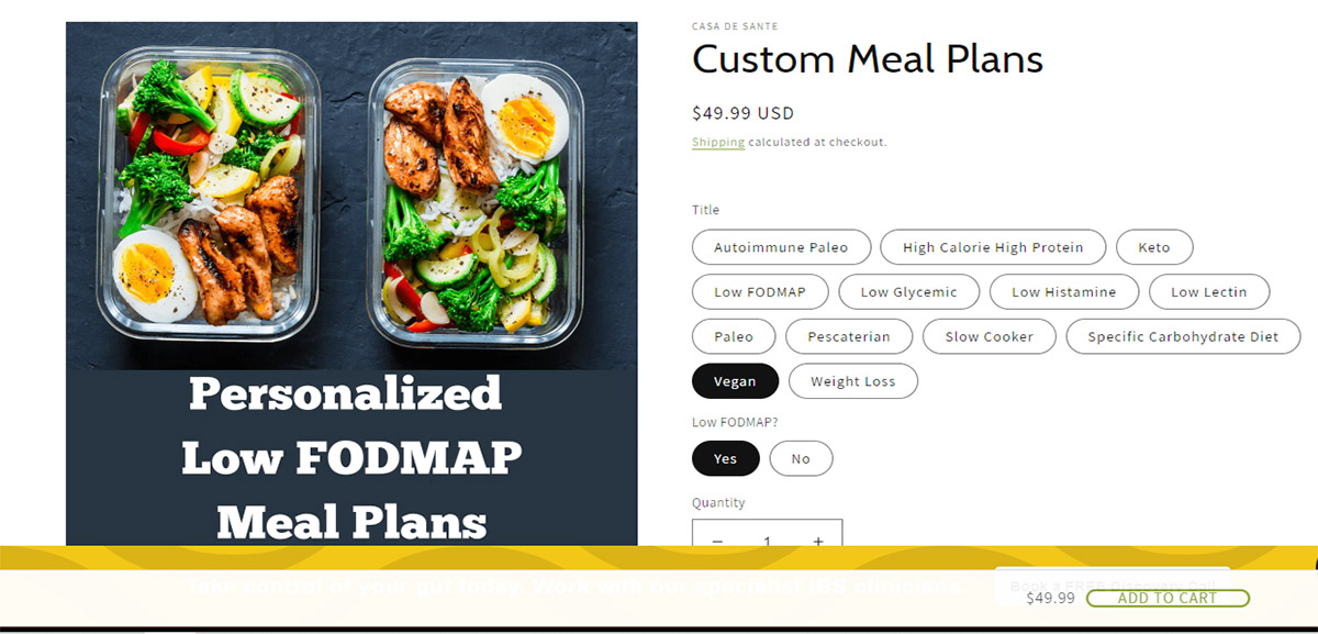 A screenshot of the Casa de Sante custom meal plans webpage. Text reads Personalized low fodmap meal plans besides multiple dietary options to choose from.