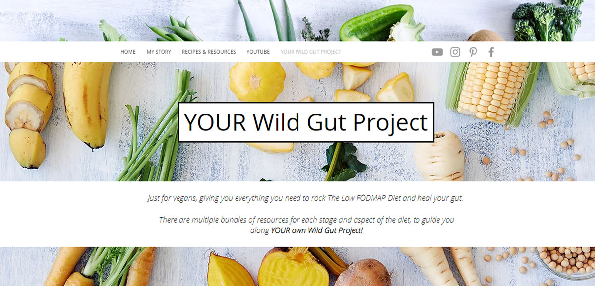 Screenshot from Your wild gut project website. text reads, Just for vegans, giving you everything yo need to rock the low fodmap diet and heal your gut. There are multiple bundles of resources for each stage and aspect of the diet to guide you along your own wild gut project.