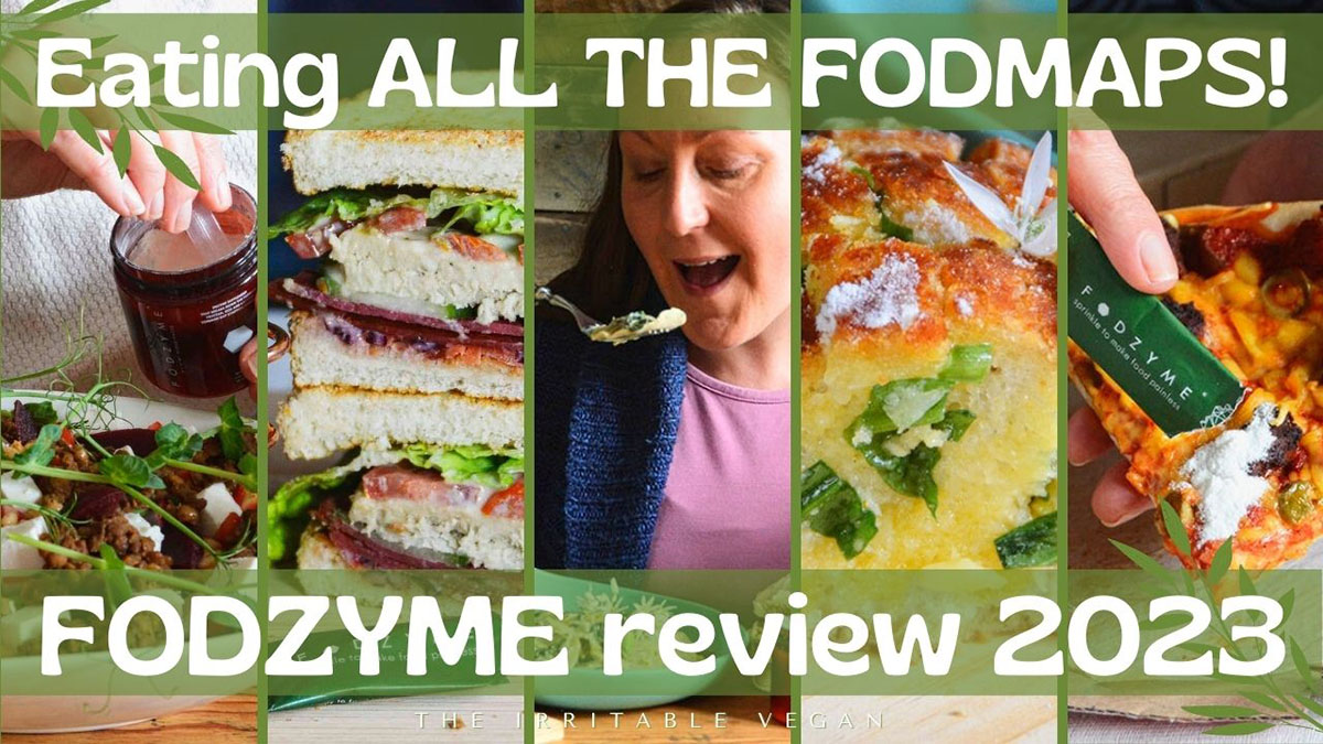 A montage of five images showing various foods being eaten and sprinkled with fodzyme powder. Text reads eating all the fodmaps, fodzyme review 2023.