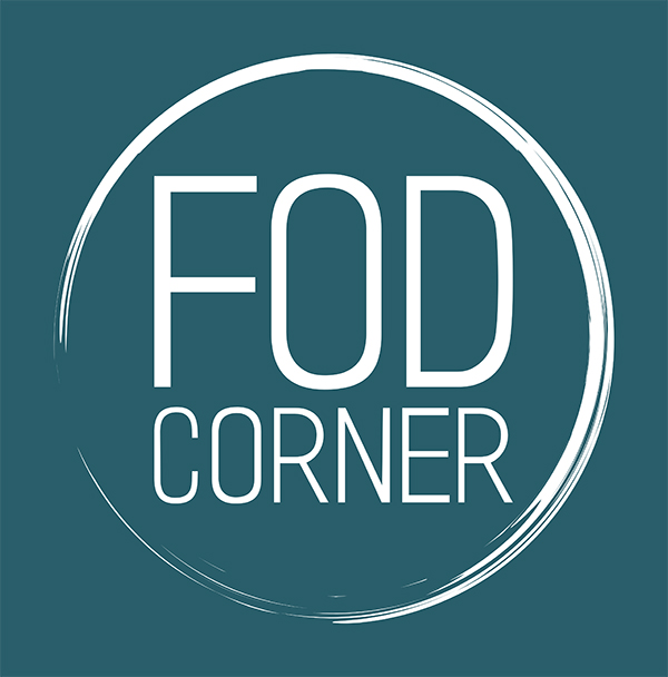 Clickable link to fodcorner online shop shows the fodcorner logo white text within a brush stroke circle on a blue background.