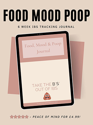Food, mood, poop pdf journal front cover displayed on an electronic tablet.